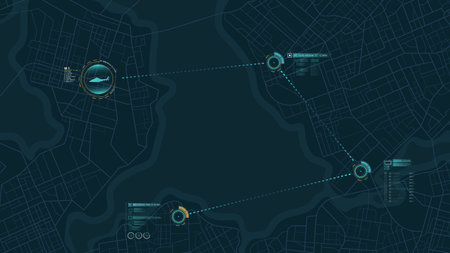 Location tracker dashboard with data of arrive time copter. City street road with marks on map with helicopter flight. Street roads and location, vector background.のイラスト素材
