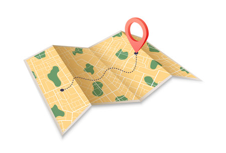 Paper map with red point. Local street gps navigate. City route navigation to marker. Geography distance plan. Vector illustration on white backgroundのイラスト素材