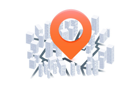 Abstract pin icon on the city map with houses. Transportation delivery, Locator position point. GPS tracking system to navigate. Location vector illustration on white backgroundのイラスト素材