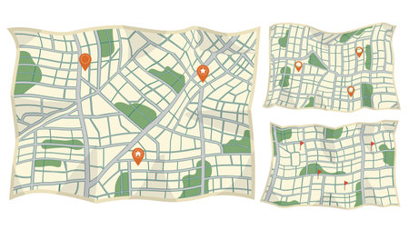 Set pf paper map with red points. Local street gps navigate. City route navigation to marker. Geography distance plan. Vector illustration on white backgroundのイラスト素材