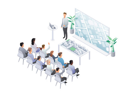 Isometric meeting presentation of building house. Team planning project and making presentation at meeting. House Layout. Male and female characters sitting. Vector illustration on white backgroundのイラスト素材