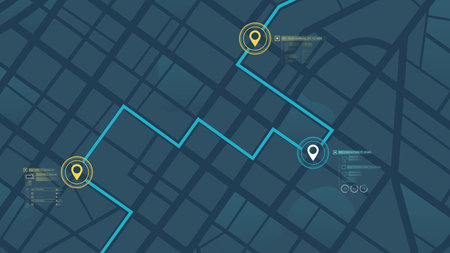 Planned route across the entire map with marked destinations and estimated arrival times. Simple city scheme with convenient labels. Editable vector illustrationのイラスト素材