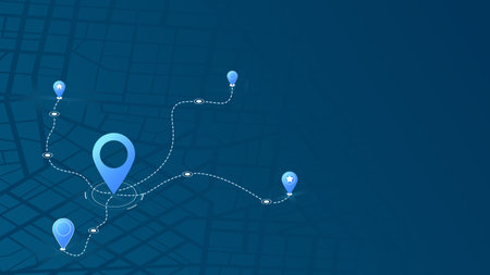 Multiple markers. An abstract navigation plan highlights POI including city streets, blocks. Editable vector illustrationのイラスト素材