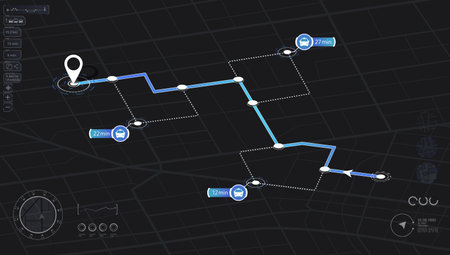 Detailed city street map with various points of interest. GPS tracking system to navigate and find way around the city landmarks, directions to different locations. Vector illustrationのイラスト素材