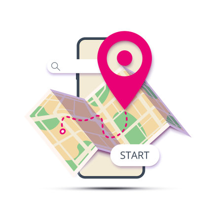 Location with GPS map. Smartphone with pin marker on paper map of city with parks, roads and button. Vector illustration on white backgroundのイラスト素材