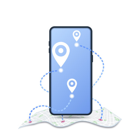 Location with GPS map. Smartphone with pins marker on paper map of city with parks, roads and small pins of another goals. Vector illustration on white backgroundのイラスト素材