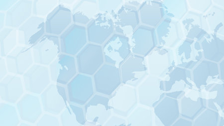 Map of the world on a hexagon background. Map light blue color, covered in various countries and...