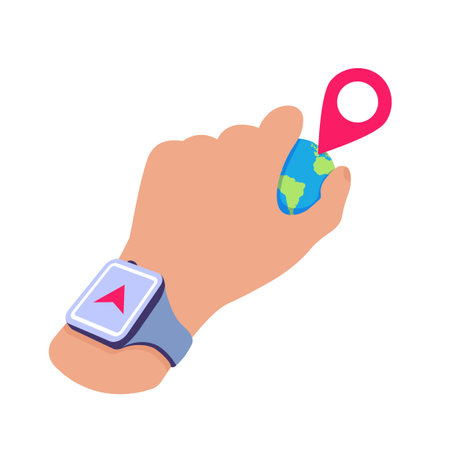 Hand holds a globe. Smart watch on display with a red arrow on the screen indicating the location on the globe. Vector illustration on white backgroundのイラスト素材