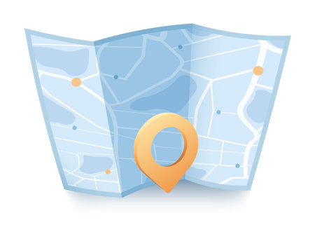 Simplified paper map with light blue color, displaying city streets and landmarks. Large location marker placed in front of map, Minimalistic vector illustrationのイラスト素材