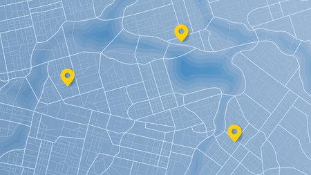 Generic city map with pins. Point of intended goal, many markers. Abstract navigation plan of urban area with POI on it. City streets and blocks. Colored editable vector illustrationのイラスト素材