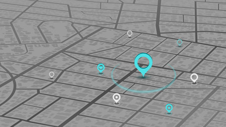 Locator position point. GPS tracking system to navigate around the city landmarks. Detailed city street map with directions to different locations. Vector illustrationのイラスト素材