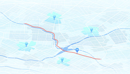 GPS navigation system displaying multiple markers and pins along designated route. Abstract isometric urban plan POI with city streets. Vector illustration travel path for travel.のイラスト素材