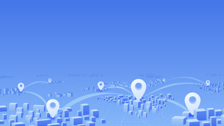 GPS navigation to pins and multiple markers on route. City map featuring directional signs, an intended goal point. Abstract plan highlights POI . Vector illustrationのイラスト素材