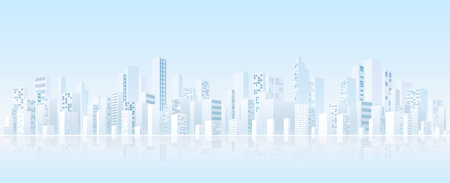 Urban set silhouette landscape. Abstract horizontal banner, background cityscape. Panorama in frat style, header images for web. City buildings of business district. Vector simple geometricのイラスト素材