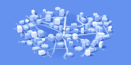 Isometric 3D City Model with Traffic Flow Arrows for Urban Planning and Logistics. Vector...