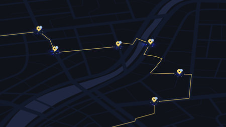 Dark Mode Navigation Map with Delivery Route and Stopping Points. Urban Cityscape with Glowing Location Markers and Bright Yellow Pathway on Digital Interface. Vector illustrationのイラスト素材