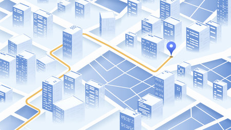 3D city map navigation with route and location pin in modern isometric style. Concept of GPS tracking and urban navigation technology. Vector illustration.のイラスト素材