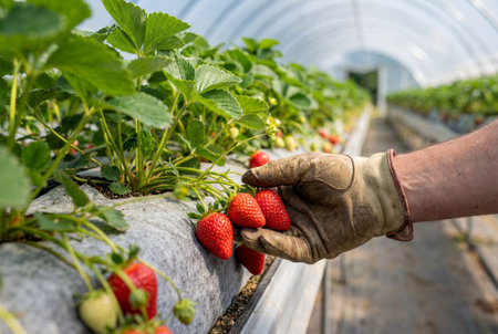 Hand in leather glove harvesting ripe red strawberries growing in raised beds inside commercial greenhouseの素材