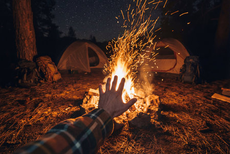 POV of hiker warming hand by campfire sparks near tents under starry night skyの素材