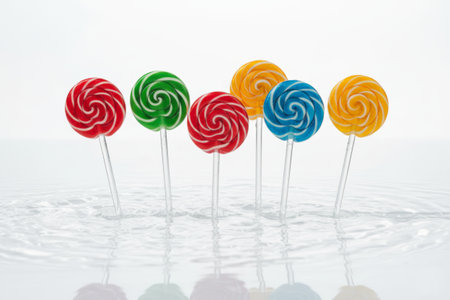 Colorful swirl lollipops standing in a row on a reflective water surface creating bright candy compositionの素材