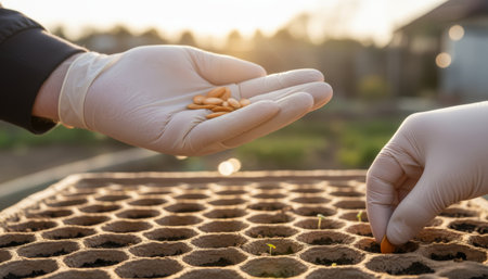 Gardening hands planting seeds in seedling tray with warm golden hour lightingの素材