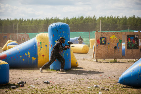 Dynamic paintball player aiming with marker during intense outdoor game actionの素材