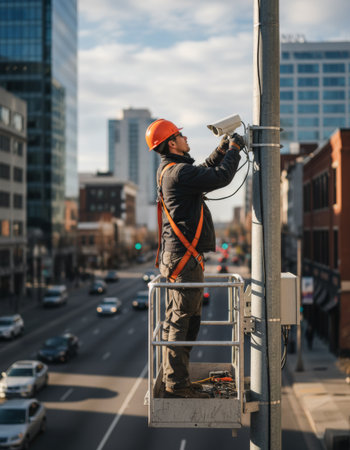 Traffic surveillance camera installation by technician on city pole.の素材