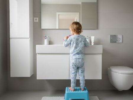 Toddler Brushing Teeth at Bathroom Sink Using Step Stool in Modern Minimalist Home Interiorの素材