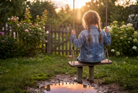 Young girl with pigtails swinging toward sunset reflecting in puddle on rural backyard playgroundの素材