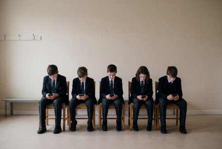 Row of uniformed students sitting on chairs using smartphones in school corridorの素材