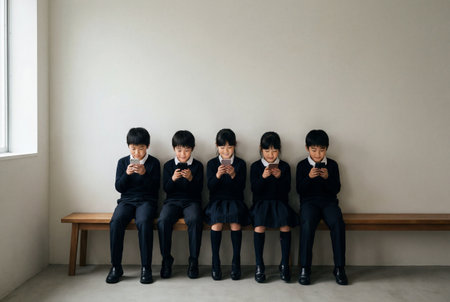 Row of uniformed Asian schoolchildren sitting on bench engrossed in smartphones against white wallの素材
