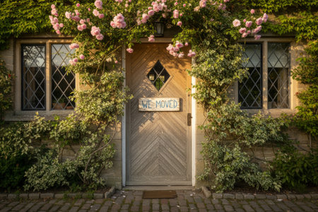 We Moved sign on the door of a charming cottage with pink roses.の素材