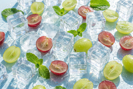 Refreshing ice cubes with sliced red and green grapes and mint leaves.の素材