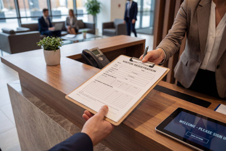 Receptionist handing visitor registration form on clipboard to guest at modern office front deskの素材