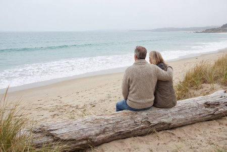 Mature Couple Sitting on Driftwood Log Watching Ocean Waves in Winterの素材
