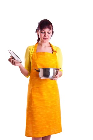 woman holding pot in a handsの写真素材