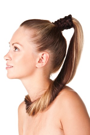 Closeup portrait of a pretty young woman with long hairの写真素材