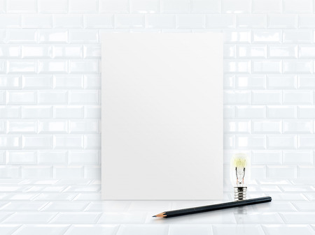 Paper poster frame at tiles ceramic wall and floor with black sketch pencilの写真素材