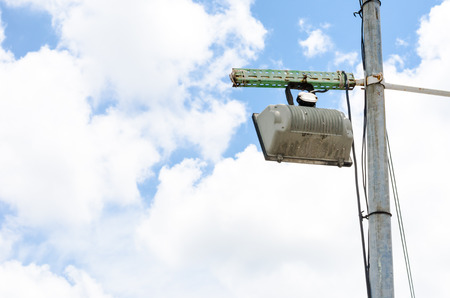 Light post with spot light  at blue sky.の写真素材