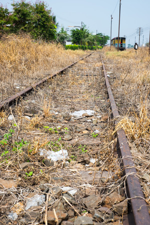 Vacant Rail way switch track with yellow die grass.の写真素材