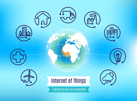 Vector : Infographic about Internet of Things with globe on blue abstract background, Technology concept.のイラスト素材
