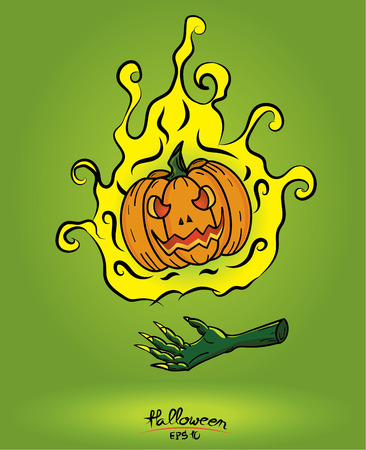 Pumpkin in fire floating on the devil hand on green background,halloween concept.のイラスト素材