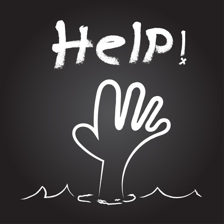 Vector : Help! word over hand in water with White rough Brush stroke style on black background.のイラスト素材