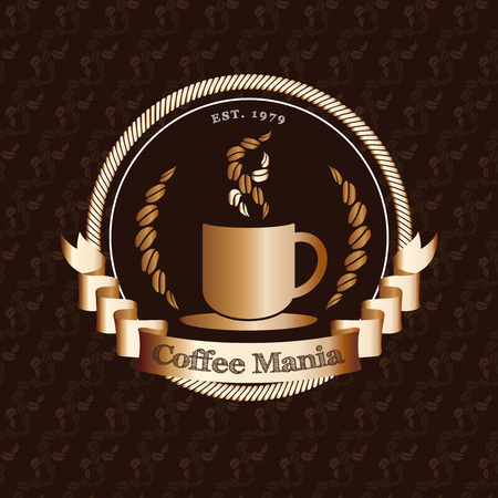 Vector : Premium coffee shop logo with gold badge on coffee bean pattern background, restaurant logo concept.のイラスト素材