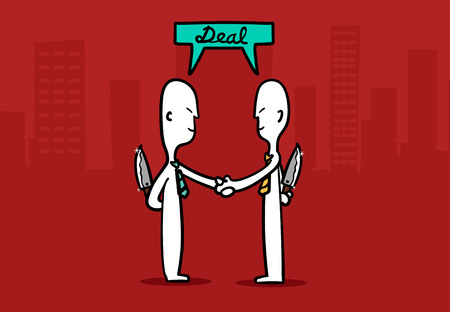 Biz man concept : Two Business mans shaking hands with tricky deal a business at city building background.のイラスト素材