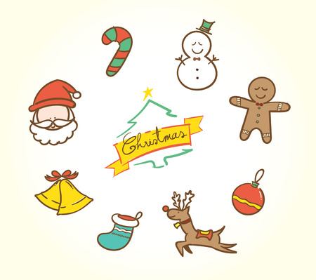Vector :Doodle Christmas icon set in vintage color style.のイラスト素材