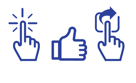 Click Like Share icon in blue color ,hand cursor and like thumb up and share icon .のイラスト素材