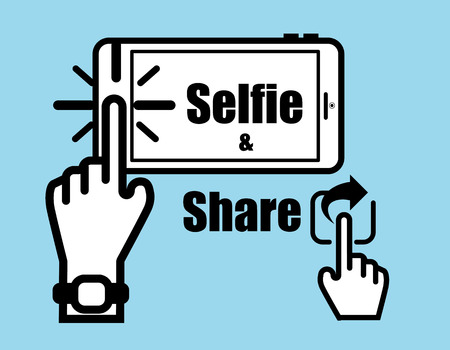 Vector : Hand click selfie on smart phone and click share icon.のイラスト素材