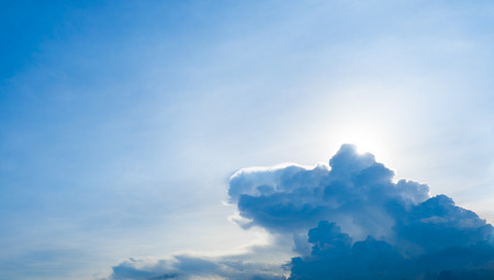 Looking up at Sun behind cloud with blue sky.