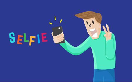 Man Selfie himself with mobile and smile on navy blue background.のイラスト素材